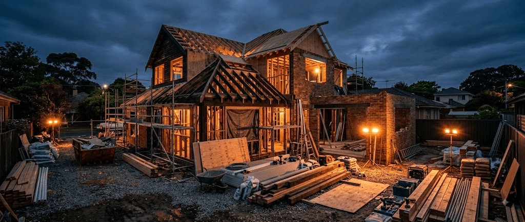 Home renovation construction site at dusk